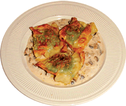 Maultaschen Pasta pillows stuffed with veal and spinach.