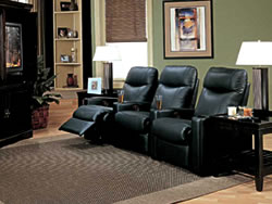For the gold standard in home theater seating, check out SCV Home Trends. The company boasts seating with motion recliners, cup holders in every arm, luxurious 100-percent top grain leather and Leggett & Platt reclining mechanisms.