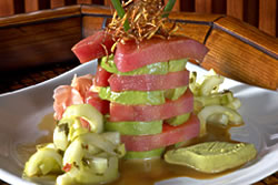 Try this for starters! This delicious Sashimi-style Ahi Tuna is stacked with delectable avocado and cucumber and served with wasabi, ginger and soy. A private dining room, outdoor fireplace, patio dining and weekend entertainment are available. <stro