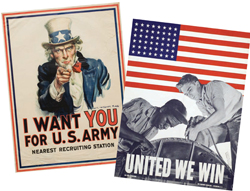 "I Want You for U.S. Army" by James Montgomery Flagg and "United We Win" by Alexander Liberman