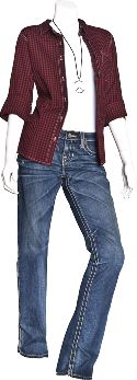 Red Haute top; Michael Stars tee; Big Star jeans; jewelry Fresh 259-4166