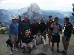 The group of 10 is ready to hit the trail before sunrise in its quest to reach the summit of Half Dome.  The birthday boy, Mike, is kneeling on the left.