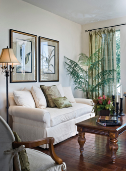 The formal living room is brightened by the addition of a cloud-shaded sofa. Tina Frienz made the middle pillow herself; the pillow in front and the freeze-dried plant on the coffee table were selected from La Via Bella.