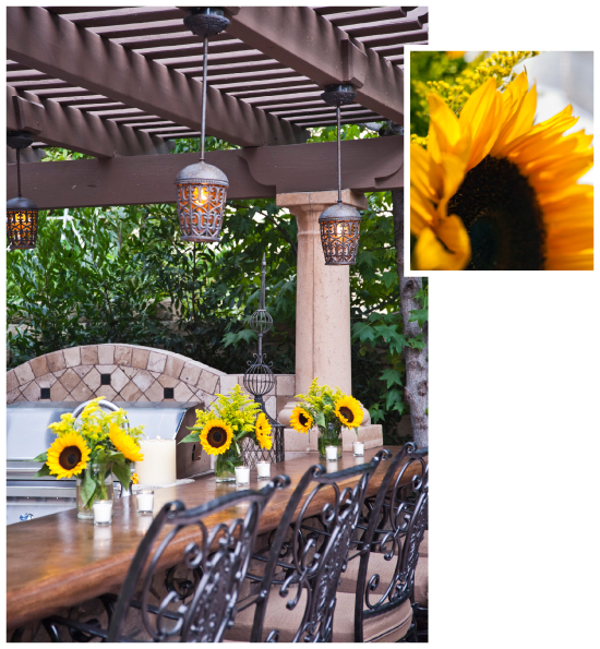 ABOVE Pretty pendant lights selected from Valencia Lighting & Design (254-9070) illuminate comfortable bar seating thanks to all-season chairs from Oasis Garden & Patio (255-9909).
