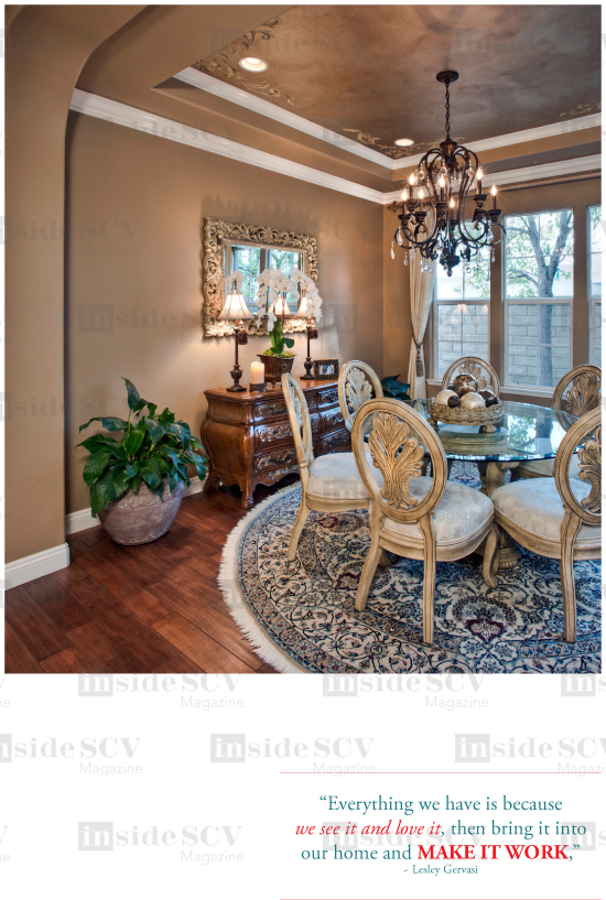 above An antiqued dining set highlighted with touches of gold and silver are capped by the lavishly-finished recessed ceiling created by Murals by Pam. Accessories were sourced from La Via Bella. The dramatic chandelier was purchased from, and instal