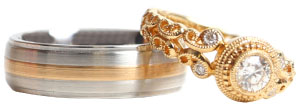 Yellow gold again shines bright among engaged and newly-married couples. Custom pieces like these are available from Manya Jewelers. 255-6668