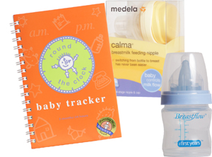 Medela Calma breastmilk feeding nipple, First Years Breastflow bottle and Round the Clock baby tracker Mother & Baby Boobtique 259-8802