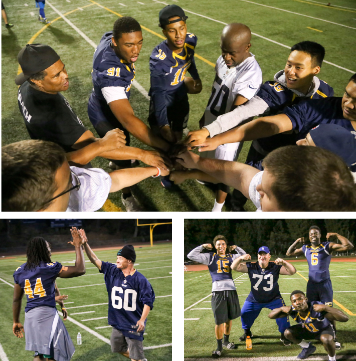 College of the Canyons football players Kamal Muhammad, Darryn Blackshere and Jumpei Dobashi join a group of athletes and coaches from Special Olympics Southern California (SOSC) for a team break, during the recent FUNdamentals Football Camp and 